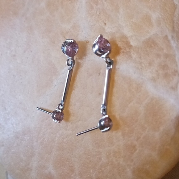 Silver Tone Pink Quartz Dangle Post Earrings - Picture 3 of 7
